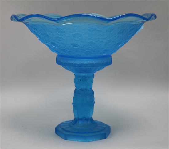A blue glass pedestal bowl